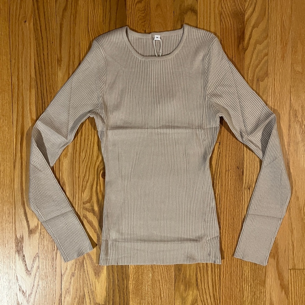Tan Ribbed Knit Long Sleeve Top